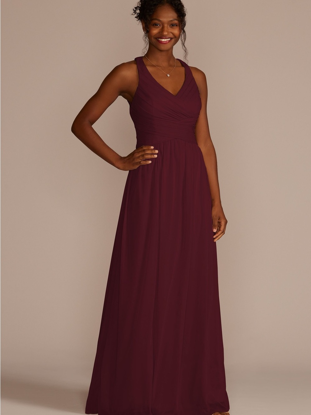 David's Bridal Sleeveless V-Neck Chiffon Maxi Dress in Merlot Plum Color Size 6